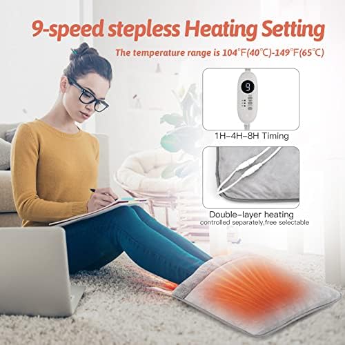 Double Sided Electric Foot Warmer with Machine Washable & 8 Hrs Timer, Feet Heating Pads Non-Slip,Electric Heated Warmers for Bed,Under Desk,Office,Home,Christmas Gifts,Grey,20''*20