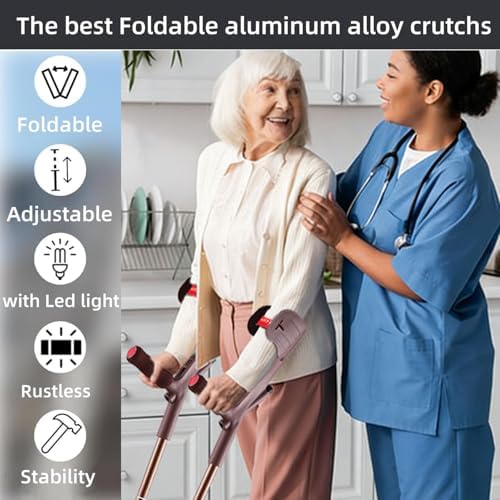 Forearm Crutches for Adults Foldable Knee Patients Mobility aids for Childre and Seniors for with Leg Injury Adjustable Travel Lightweight Walking Stick (Brown Pro)
