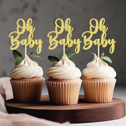24Pack Oh Baby Cupcake Toppers Glamorous Glitter Baby Shower Cupcake Picks Decorations for Celebrating Kids Birthday Party Supplies Gold