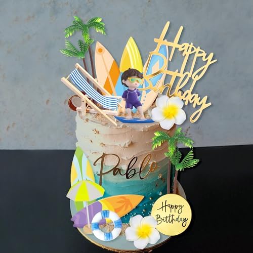 Beach Summer Cake Decoration Surfboard Palm Model Cake Decorations with Hibiscus Flower Cake Toppers for Swimming Beach Birthday Themed (Surfboard)