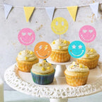 24 Pack Smile Face Cupcake Toppers Y2k Pink Party Bachelorette Cupcake Picks Lightning Star Birthday Party Supplies