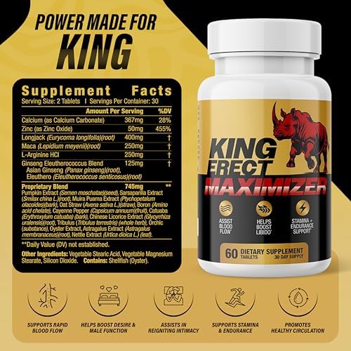 King Erect Maximizer - Enlargement Pills for Men - Fast Acting Blood Flow Support & Circulation Support - Supplement for Intimacy, Girth, Size, Stamina Loss - 60 Tablets for Male Vitality
