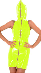 Ladies Sleeveless Latex Hooded Mini Dress Novelty Zipper Front PVC Cosplay Party Dress Sexy Bodycon Clubwear,Fluorescence Green,XXL