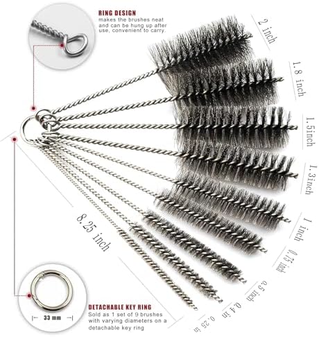 Pipe Cleaning Brush Set Stainless Steel Bristles, Stainless Steel Pipe Brush Steel Bottle Brush 9 Piece Variety Pack for Auto Parts, Bottles, Tubes, Etc.