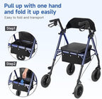 Lightweight Rollator Walker with Seat & Backrest - Foldable Mobility Aid for Seniors, 8" Airless Tires, Adjustable Height, Brake, Large Storage Bag,300 lbs Capacity, 4 Wheel Rolling Walkers for Adults