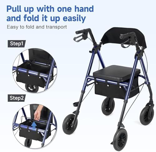 Lightweight Rollator Walker with Seat & Backrest - Foldable Mobility Aid for Seniors, 8" Airless Tires, Adjustable Height, Brake, Large Storage Bag,300 lbs Capacity, 4 Wheel Rolling Walkers for Adults