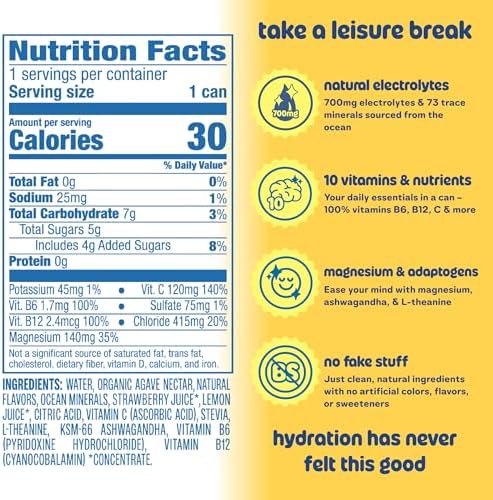 Leisure Hydration Non-Carbonated Electrolyte Refresher, Lemonade Flavor - Low Sugar Nutrient Enhanced Water Beverage - Get The Best Hydration Packed w/ Magnesium & Ashwagandha For Mood & Stress Support, Non-GMO, 16 oz (12-Cans)