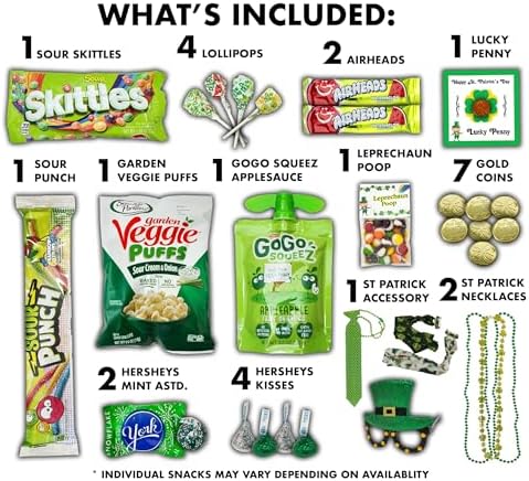 St Patrick’s Day Variety Pack Gift Basket Care Package, Candy, Chips Lucky Irish Themed Gift Box