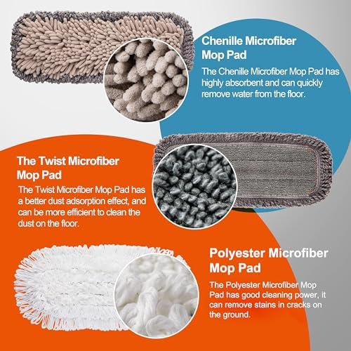 Mops for Floor Cleaning with 3 Different Washable Pads and Extendable 55” Long Handle, Multifunction Dust Mop for Hardwood,Marble,Tile Floor Mopping,Orange