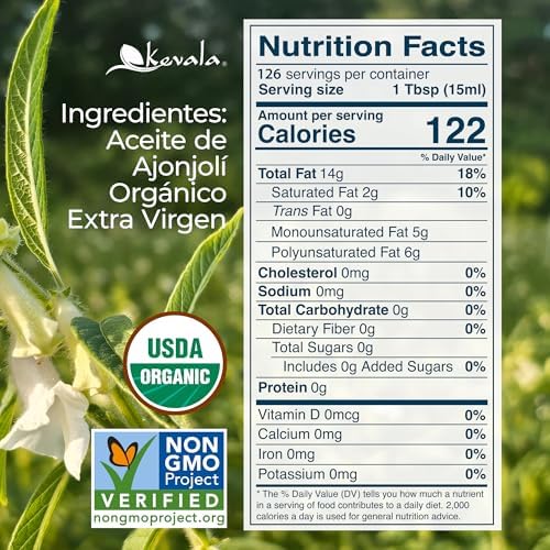 Kevala Organic Extra Virgin Sesame Oil - 64 fl oz - 1/2 Gal – Sesame Seed Organic – Cooking Oil – Cold Pressed - Unrefined