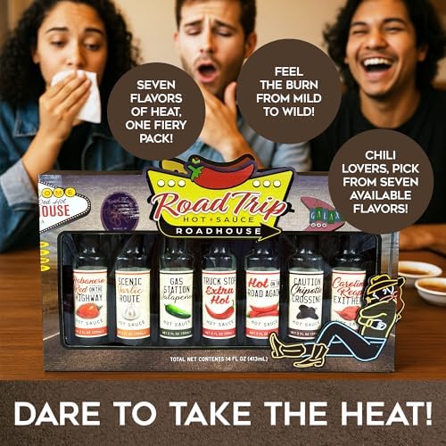 Roadhouse Road Trip 7 Pack – Gourmet Hot Sauce Variety Pack with Habanero, Chipotle, Jalapeño & Ghost Pepper Flavors – Perfect Hot Sauce Gift Sets for Spicy Food Lovers