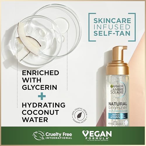 Garnier Ambre Solaire Natural Bronzer Self Tan Mousse 200 ml, Streak Free & Intense Fake Tan In 1 Application, Hydrating Mousse With Coconut Water, For Face & Body, Vegan Formula
