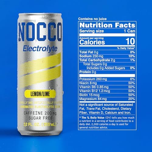 NOCCO Zero Sugar Electrolyte Drink, Lemon/Lime - 12 Fl Oz (Pack of 12) - 200mg Caffeine, Sugar Free with Electrolytes, Carbonated & Low Calorie, B Vitamins, Grab & Go Performance Drink