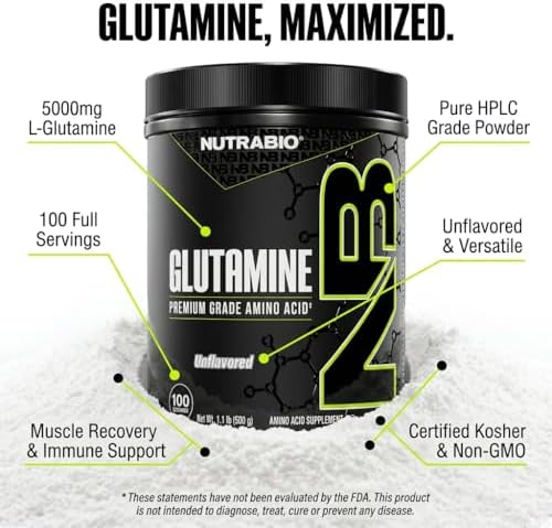 NutraBio Pure L-Glutamine Powder, 100 Servings L-Glutamine Supplement, Amino Acid, Pure Grade, Glutamina, Absolutely no Additives, Fillers or Excipients, Muscle Recovery Supplement - (500 Grams)