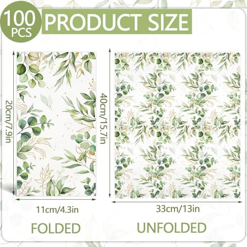 100PCS Greenery Paper Napkins 3 Ply Disposable Hand Towels for Bathroom Green Eucalyptus Leaf Guest Napkins Decorative Dinner Napkins for Bridal Baby Shower Wedding Birthday Spring Party