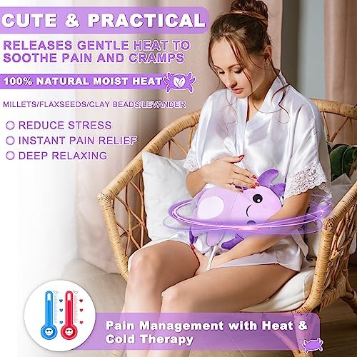 Microwavable Heating Pads for Cramps, Cute Microwave Heating Pad Period Cramps Pain Relief for Women & Girls, Stuffed Animals Moist Heat Pad for Menstrual-Washable Heat Pack (Purple Axolotl)
