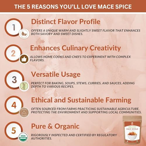 SPICY ORGANIC Mace Whole (Javantri) – 16 oz (454 g), USDA Certified Organic Mace Spice, 100% Raw, Non-GMO, Vegan, Gluten-Free – Enhance Dishes with Rich, Aromatic Flavor - Myristica Fragrans