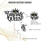 Taurus Queen Cake Topper, Black Glitter Taurus Birthday Cake Topper for Women, 12 Constellation Themed Cake Decor for Astrology Birthday Party Supplies