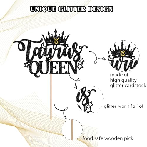 Taurus Queen Cake Topper, Black Glitter Taurus Birthday Cake Topper for Women, 12 Constellation Themed Cake Decor for Astrology Birthday Party Supplies