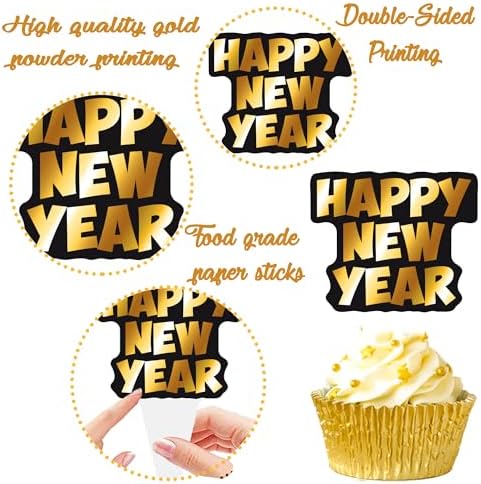 Happy New Year 2026 Cupcake Toppers 48Pcs 2026 New Years Eve Party Supplies Black and Gold New Years Party Cake Decoration for New Year Theme Countdown Decor