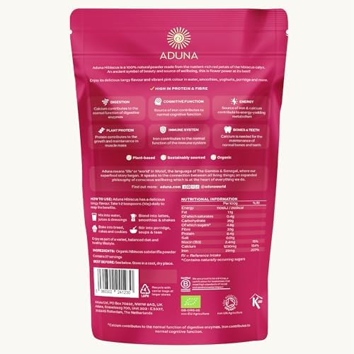 Aduna Organic Hibiscus Powder | 100% Hibiscus Flower for Skin, Gut and Heart Health | Natural Vegan Source of Antioxidants and Vitamin C | Superfood Powder for Teas, Smoothies, Juices and More | 275g