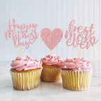 24 Pack Pink Glitter Happy Mothers Day Cupcake Toppers Best Mom Ever Cake Toppers Heart Cupcake Picks for Happy Mothers Day Birthday Party Cake Dessert Decorations