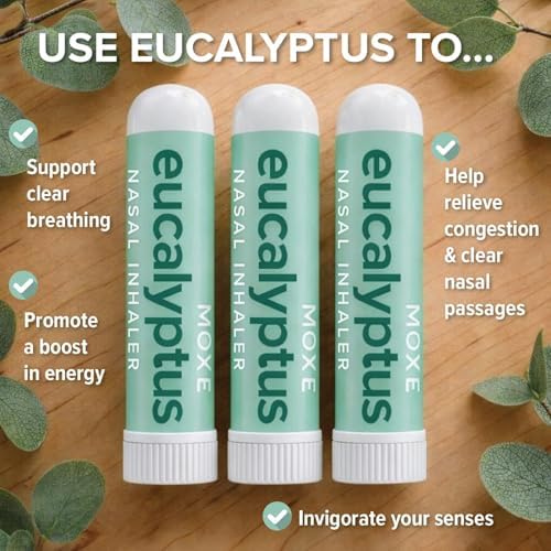 MOXĒ Eucalyptus Essential Oil Nasal Inhaler, Sinus & Congestion Relief, Daily Relaxation, Stress Relief, Therapeutic No-Mess Aromatherapy, Pure and Natural, Made in USA (3 Pack) packaging may vary