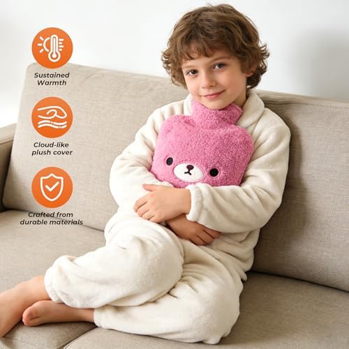 samply Hot Water Bottle with Cute Fleece Cover, Hot Water Bag for Hot and Cold Compress, Hand Feet Warmer, Neck and Shoulder Pain Relief, Purple Bear
