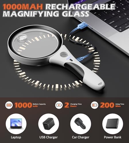 Rechargeable Magnifying Glass with Light, 10X 20X 45X Handheld Lighted Magnifier with 18 LED 3 Modes, 4.3" Anti-Glare Lens Magnifying Glassses for Seniors Reading Coins Close Work (Black)
