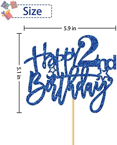 Happy 2nd Birthday Cake Topper - Kid Girl Boy Two Years Old Cake Supplies - Party Decorations - Blue Glitter