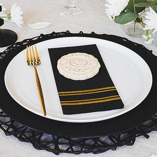 Shiny Gold on Black Disposable Dinner Napkins - Feels Like Linen, Soft Fluff Pulp Paper - 50 Pack, 8.5" x 4" - Style Name: Parallel Shine