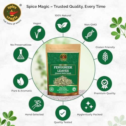 Spice Magic Fenugreek Leaves 2 oz (57g) | All-Natural Dried Methi | Aromatic Herb for Curries, Vegetables, Soups & Blends.