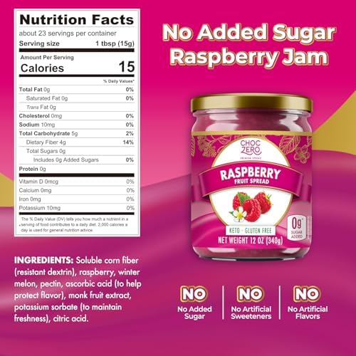 ChocZero Raspberry Jam Preserves, No Added Sugar, Keto Fruit Spread, Great Source of Fiber, All Natural, 12 Ounces (Pack of 1)