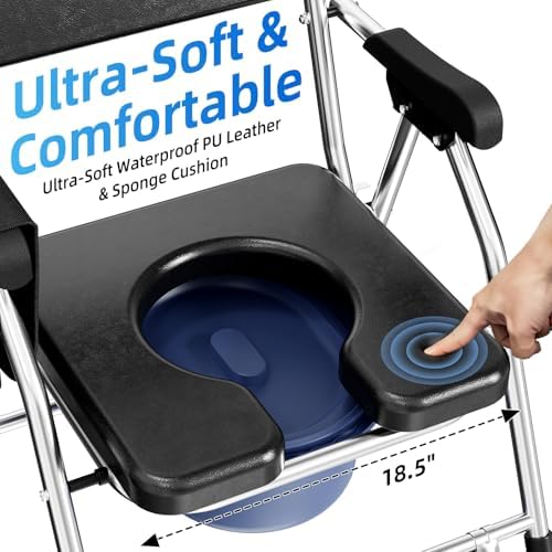 Folding Bedside Commode Chair for Elderly with Adjustable Height, Toilet Seat with Footrest and Soft PU Seat Cushion, Adults Potty Chair with Storage Cloth Bag for Seniors, Disabled (Black)