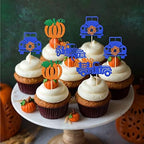 30 PCS Truck Pumpkin Cupcake Toppers Dark Blue Glitter Fall Theme Truck Cupcake Picks for Harvest Pumpkin Thanksgiving Theme Baby Shower Kids Birthday Party Cake Decorations Supplies