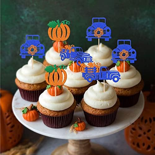 30 PCS Truck Pumpkin Cupcake Toppers Dark Blue Glitter Fall Theme Truck Cupcake Picks for Harvest Pumpkin Thanksgiving Theme Baby Shower Kids Birthday Party Cake Decorations Supplies
