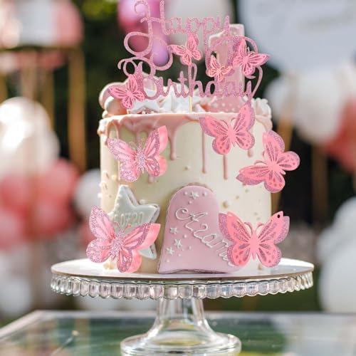 13 PCS Happy Birthday Butterfly Cake Toppers, Butterfly Cupcake Topper, Birthday Decoration for Wedding, Theme Party Includes Happy Topper and Cupcake Decorations (Pink)