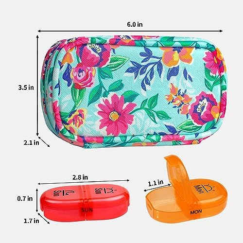Serfeymi Weekly Travel Pill Organizer 2 Times A Day AM PM Upgraded Rainbow Pill Box 7 Day with Portable Zipper PU Leather Pill Case, Medicine Organizer for Pills, Vitamins, Fish Oils - Green-01