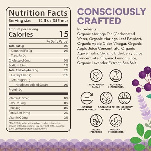 RINGA Elderberry Lavender Lemonade Sparkling Drink - Organic Moringa + Apple Cider Vinegar with 3g Prebiotic Fiber - No Added Sugar, No Natural Flavors - Gut Health & Immunity Support - 12oz Cans