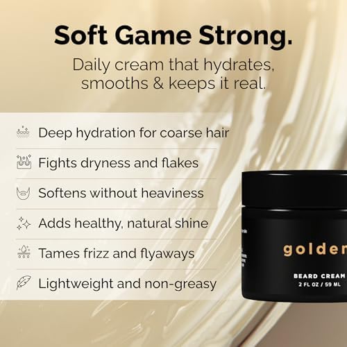 Golden Grooming Beard Cream for Men - Deep Conditioning Leave-In Softener - Infused with Shea Butter, Coconut & Jojoba Oil - Hydrating Moisturizer for Itch Relief & Growth - Signature Scent, 2oz