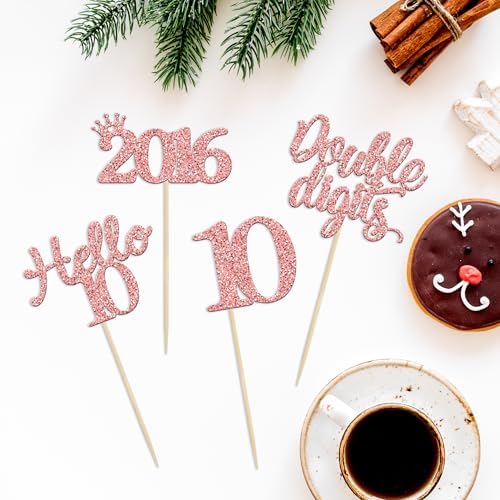 Gyufise 24 Pack Rose Gold Glitter Happy 10th Birthday Cupcake Toppers 10 Ten Hello 10 Double Dights Since 2015 Cupcake Picks for 10th Birthday Party Decorations
