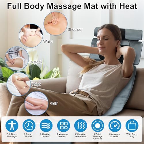 Full Body Massage Mat with Heat,Electric Massage Pad for Neck,Back,Foot&Full Body Pain Relief,10 Vibrating Nodes 3 Heating Levels W/ Detachable Neck,Foot Massager,Head Pillow&Inflatable Lumbar Pillow