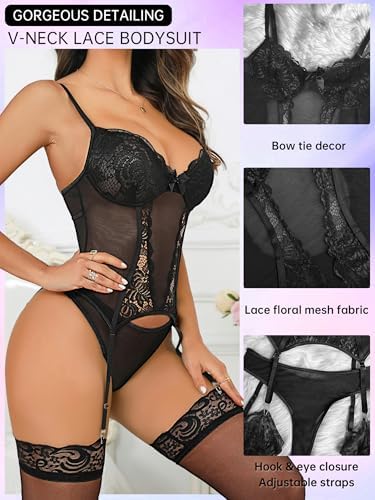 Women's Sexy Lingerie Set with Garter Belt Lace Bodysuit Teddy Baby Dolls Panty with Stockings