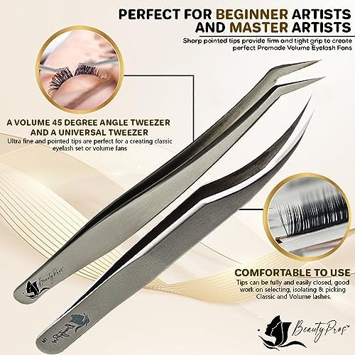 Lash Tweezers for Eyelash Extensions - Stainless Steel Precision Tweezers set with Dolphin Shaped and Curved Pointed Tip - Tweezers for Eyelash Extension - 2-Pack