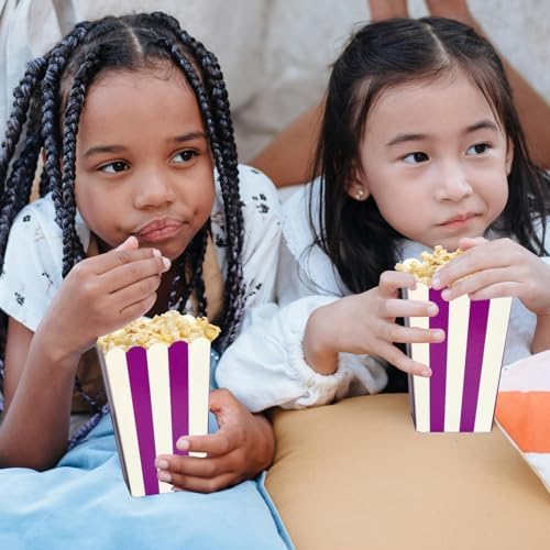 XIEHE 24 Pack Striped Popcorn Boxes - Carnival Parties Mini Paper Popcorn and Candy Containers, Party Supplies for Movie Nights (Purple)