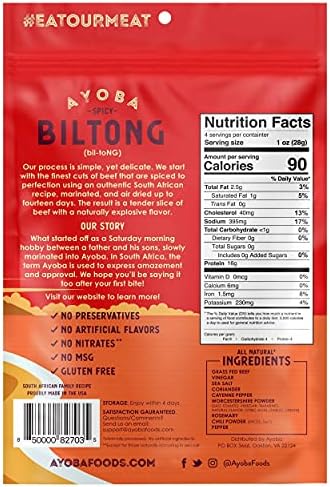 Ayoba Spicy Grass Fed Beef Biltong Slices (4 Ounce, Pack of 1) - Keto Friendly Air-Dried Grass Fed Beef Paleo Snacks - Gluten Free, Whole 30 Approved, Sugar free, No Carb Meat Snacks