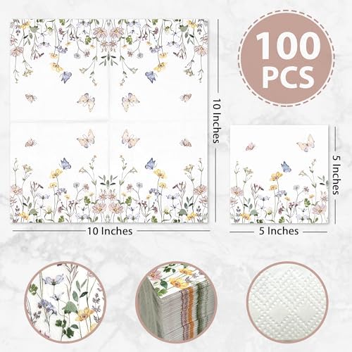 Audree 100 Pack Floral Cocktail Napkins Paper 3 Ply (5x5") - Wildflower Dinner Hand Paper Napkins for Wedding, Bridal, Baby Shower, Birthday, Tea Party, Garden Party, Anniversary Decorative Towels