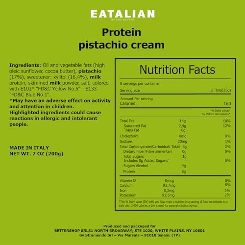 EATALIAN by AMZ BETTER Protein Pistachio Cream 7 oz/200 gr, Natural Spreadable Pistachio Cream, Made in Italy Protein Pasta, Sweet Taste Ideal on Bread and Dubai Chocolate