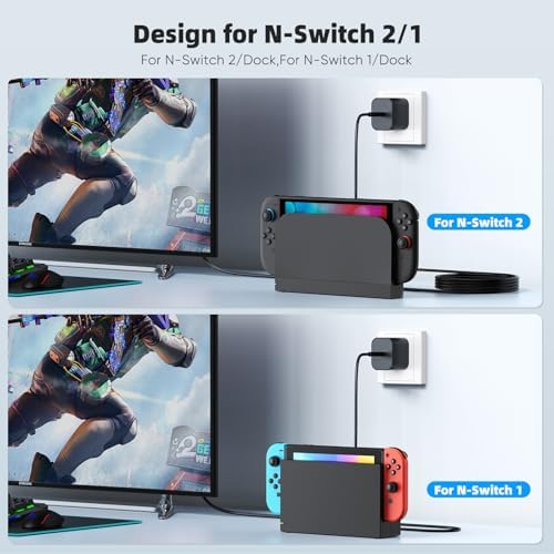 (2 Pack) Charger for Nintendo Switch 2/1, 10FT Extended & 5FT Compact Cables, 60W AC Power Adapter 4K TV Dock Ready, PD 3.0 Fast Charge (20V/3A) – Works with Switch 2/1/OLED/Lite (10FT & 5FT Set)