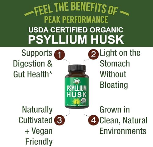 Peak Performance USDA Organic Psyllium Husk Vegan Capsules Made with Seed - Fiber Supplement for Gut - Digestive Prebiotics - for Digestion and Roughage Without Bloating - Vegan, Gluten-Free Pills